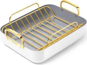 Caraway Roasting Pan - 16x13 Roasting Pan with Rack - Non-Stick Ceramic Coated - Non Toxic, PTFE & PFOA Free - Oven Safe & Compatible with All Stovetops - White