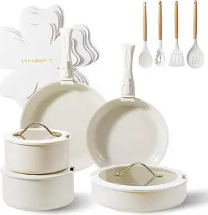 20pcs Ceramic Cookware Set Nonstick, Detachable Handle Pots and Pans Set, Non Toxic,No PFAS & PTFE & PFOA, Dishwasher/Oven Safe, RV Kitchen Set Removable Handle for Cooking, Cream White
