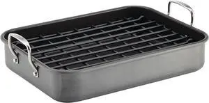 Rachael Ray Brights Hard Anodized Nonstick Roaster / Roasting Pan with Rack - 16 Inch x 12 Inch, Gray