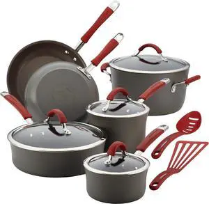 Rachael Ray - 87630 Rachael Ray Cucina Hard Anodized Nonstick Cookware Pots and Pans Set, 12 Piece, Gray with Red Handles
