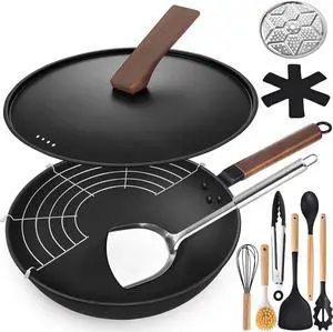 AOSION 13'' Carbon Steel Wok, 12 Piece Wok Pan & Stir-Fry Pans Set with Lid & Cookwares, No Chemical Coated Flat Bottom Chinese Wok Pan for Induction, Electric, Gas, Halogen, All Stoves