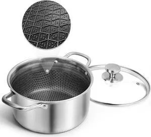 AuFranc Hybrid Nonstick 6 Quart Stainless Steel Stockpot with Glass Lid, Induction Stock Pot with Honeycomb Carving, Non-stick Soup Pot Compatible with All Cooktops, Non-Toxic, Dishwasher & Oven Safe