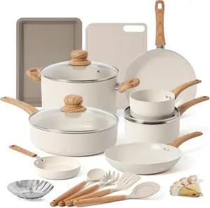 23 Pcs Ceramic Pots and Pans Set Nonstick, Kitchen Cookware Sets, with Frying Pan, Saucepan, Saute Pan, Lightweight Cooking Set with Stay-Cool Wood Handles, NO PFAS and PFOA, Light Wood