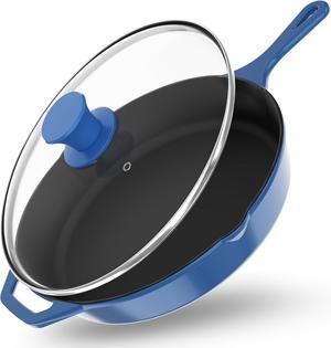 Utopia Kitchen 12 inch Saute Fry Pan Pre-Seasoned Cast Iron Skillet With Lid, Frying Pan, Cast Iron Pan, Safe Grill Cookware for Indoor & Outdoor Use - Cooking Gift for Men & Women (Blue)