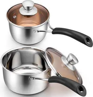 1 QT & 2 QT Saucepan with Lid Set, P&P CHEF Small Stainless Steel Sauce Pan, Multipurpose Set for Kitchen Restaurant Cooking Boiling, Visible Lid & Heat-proof Handle, Dishwasher Safe
