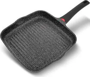 11 Inch Non Stick Grill Pan Granite Coated with Pour Spout - Lightweight 2.66 Quart Grill Pan for Indoor Cooking with Grip Handle - Induction Compatible PFOA Free Stove Top Grill (Black)