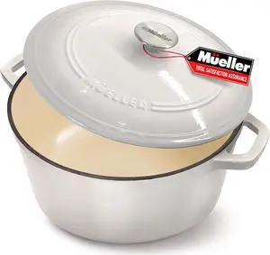 Mueller Cast Iron Dutch Oven Pot with Lid, 6 Quart Enameled, Dual Handles, Stainless Steel Knob, Stew Pot, Induction Pot - For Braising, Roasting, Baking, Cast Iron Bread Pan with Lid, White