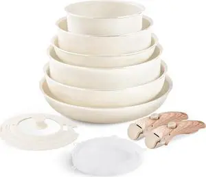 Nonstick Cookware Set - YIIFEEO Stackable Pots and Pans Set Detachable Handle Camping Cookware Granite Kitchen Cookware Sets Removable Handle, Non Toxic Nonstick Frying Pans for Cooking Set Gift Beige