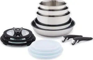 T-fal Ingenio Expertise Stainless Steel Cookware Set 13 Piece, Induction, Stackable Cookware, Pots and Pans Set, RV, Camping, Kitchen Fry Pans, Dishwasher Safe, Detachable/ Removable Handle, Silver
