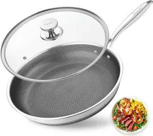 Non Stick Frying Pans, Stainless Steel Nonstick Fry pan with Honeycomb for Kitchen Cooking - 11 Skillet with Lid for Cookware - Works with Induction Cooktop Ceramic and Gas.