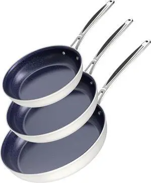 Nuwave 3-Piece 8, 10, 12 Forged Lightweight Frying Pan Set, G10 Healthy Duralon Blue Ceramic Ultra Non-Stick, Ergonomic Stay-Cool Handles, Induction-Ready & Works on All Cooktops