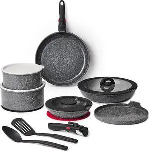 ROSSETTO 16pcs Pots and Pans Set Non Stick from France, Ceramic Cookware Set with Removable Handle, Induction RV Kitchen Cookware Set, Stackable, PFOA and PFAS Free, Oven Safe, Black Granite