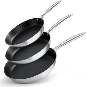 Stainless Steel Nonstick Frying Pan Set, 3 Piece cookware set, Tri-Ply Skillet, 8 inch, 9.5 inch, 11inch Cooking pan, Oven Dishwasher Induction Gas Safe, Silver, Suitable for All Stove