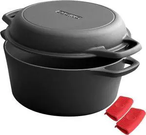 2-in-1 Pre-Seasoned Cast Iron Dutch Oven Pot with Skillet Lid Cooking Pan, Cast Iron Skillet Cookware Pan Set with Dual Handles Indoor Outdoor for Bread, Frying, Baking, Camping, BBQ, 5QT