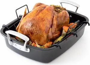 Chef Pomodoro Deluxe Large Carbon Steel Roasting Pan with U-Rack, 18.5 x 14.5-In (47 x 37 cm), Extra-Large, Grey  The Ultimate Solution for Flawless Roasts, BBQs, and Oven-to-Table Entertaining