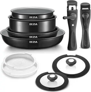 BEZIA Induction Cookware with Healthy Ceramic Coating, Camping Pots and Pans Set Nonstick 10pcs with Detachable Handles, Induction RV Kitchen Set with Removable Handles, Oven Safe