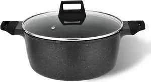 Vivicreate cast aluminum stock pot pan with lid, Marble color non stick coating, stainless steel bottom, long handle with rubber coating, dishwasher machine (11 INCH)