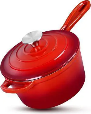 HaSteeL 2 QT Cast Iron Saucepan, Mini Enamel Dutch Oven with Lid, Small Non Stick Pan for Milk, Pasta Tomato Sauce, Butter, Breakfast, Soup, Suitable for Boiling Stewing Frying, Easy to Clean, Red