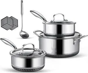 9Pcs Hybrid non stick Pots Set, 1.5, 2, and 5.2-Quart Pots with Lids,Dishwasher and Oven Safe, Stay-Cool Handles, Compatible with All Cooktops