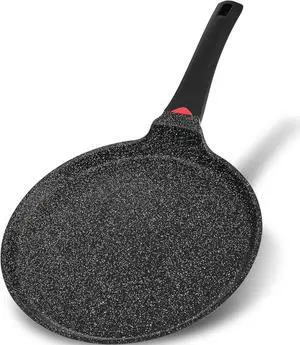 Non Stick 11 Inch Granite Coated Crepe Pan - Lightweight 4.27 Quart Dosa Pan with Comfort Stay Cool Grip Handle - Induction Compatible PFOA Free Tortilla Pan (Black)