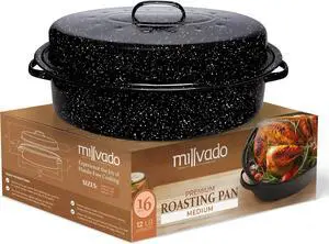 Granite Roasting Pan, 10 lb Capacity Turkey Roasting Pan with Lid, 16" Granite Oven Roaster Oval Shaped Speckled Enamel on Steel Cookware