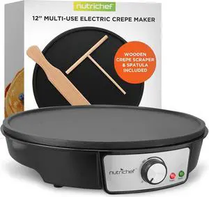 Nutrichef Electric Crepe Maker Pan & Griddle - 12 Inch Nonstick Cooktop, LED Indicators & Adjustable Temperature Control, Includes Spatula, Batter Spreader, Cooks Crepes, Roti & Pancakes
