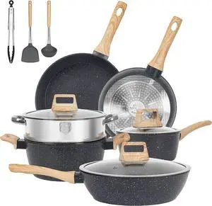 12 Pcs Pots and Pans Set Non Stick Kitchen Cookware Sets Nonstick Induction Cookware Black Granite Cooking Tools with Frying Pans, Saucepans, Steamer Silicone Shovel Spoon & Tongs (PFOS/PFOA Free)