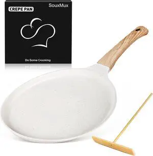 SouxMux Nonstick 11-Inch Crepe Pan with Spreader, Ceramic Coated Dosa Tawa Pan, Induction Compatible Flat Skillet for Pancakes, Omelettes, and More with Cool Handle, PFOA Free