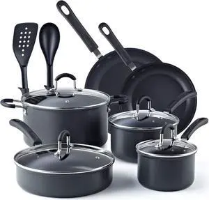 Cook N Home Pots and Pans Set Nonstick Professional Hard Anodized Cookware Sets 12-Piece, Dishwasher Safe with Stay-Cool Handles, Black
