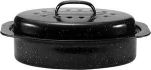 JY COOKMENT Granite Roaster Pan, Small 13 Enameled Roasting Pan with Domed Lid. Oval Turkey Roaster Pot, Broiler Pan Great for Small Chicken, Lamb. Dishwasher Safe Cookware Fit for 7Lb Bird