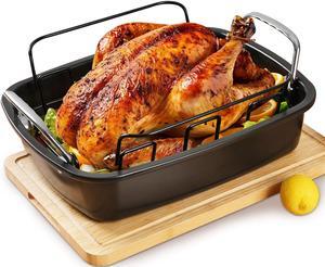 Large Nonstick Roasting Pan with Rack, Turkey Roasting Pan with Wider Handles, Heavy Duty Construction Roaster - 17.2 Inch x 13.5 Inch for Oven