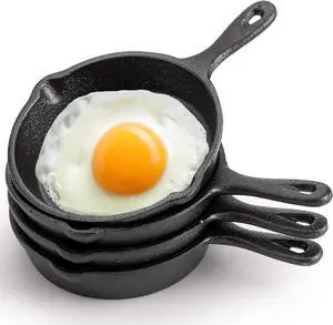 Hiceeden 4 Pack Mini Cast Iron Skillet, 4" Small Frying Pans with Double Drip-Spouts for Stove, Oven, Grill Safe, Indoor and Outdoor Use, Non-stick