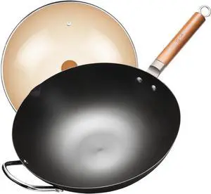 WANGYUANJI Carbon Steel Wok,14.2" Wok Pan with Lid, Woks & Stir-Fry Pans No Chemical Coated Wok for Induction, Electric, Gas, Suitable for All Stoves,Flat Bottom Iron Wok