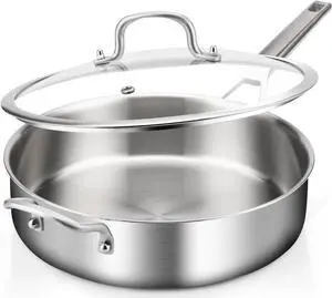 Tri-Ply Stainless Steel Saute Pan 5QT, 12 Inch Deep Frying Pan with lids, 3-layer Large Skillet with Stay Cool Handle, Induction Pan, Durable, Compatible with All Cooktops Up to 500