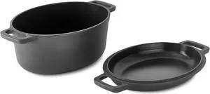DASH Zakarian by Dash 6 Qt Nonstick Cast Iron Double Dutch Oven, Oval Pot with 2-in-1 Skillet Lid, Black
