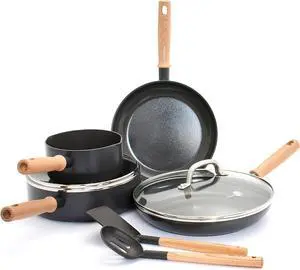 GreenPan Hudson Healthy Ceramic Nonstick, 8 Piece Cookware Pots and Pans Set, Vintage Wood Inspired Handle, PFAS-Free, Dishwasher Safe, Black