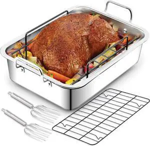 Turkey Roasting Pan with Nonstick Rack: Large 16 x 12 Inch Stainless Steel Turkey Roast Pan Set Rectangular Roaster  Perfect for Thanksgiving