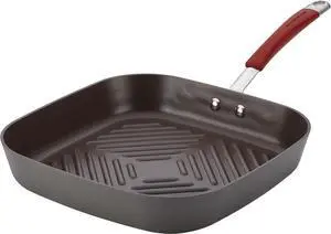 Rachael Ray Cucina Hard Anodized Nonstick Grill/Deep Square Griddle Pan, 11 Inch, Gray with Red Handles