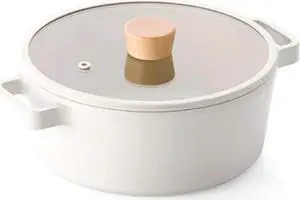 NEOFLAM FIKA 2.7QT Nonstick Stock Pot, Casserole for Stovetops and Induction, Glass Lid with Wood Knob, Made in Korea (8.7" / 22cm)