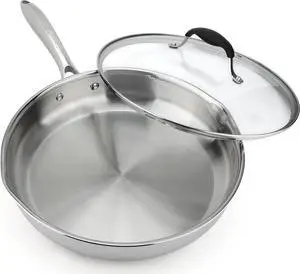 AVACRAFT 18/10 12 Inch Stainless Steel Frying Pan with Lid, Side Spouts, Induction Pan, Versatile Stainless Steel Skillet, Fry Pan in our Pots and Pans (Stainless Steel, 12 Inch)