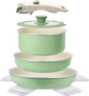 Pots and Pans Set Non Stick, 8pcs Granite Cookware Set, Detachable Handle Pots and Pans, Nonstick Induction Cookware with Removable Handle, Oven Safe RV Cooking Set, Green