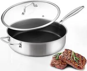 DELARLO Tri-Ply Stainless Steel 5.5QT Saute Pan With Lid, Nonstick 12.3 Inch Deep Frying Pan, Induction Large Skillet, Cooker Pan for Chefs, 12inch Chef's Pan Dishwasher & Oven Safe 650