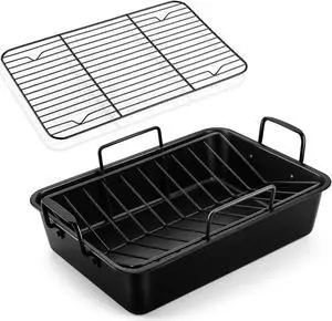 TeamFar Roasting Pan, 16 Nonstick Deep Lasagna Brownie Turkey Pan with V-Shaped Rack & Cooling Rack, with Stainless Steel Core & Nonstick Coating, Healthy & Sturdy Handles, Easy to Clean, Set of 3