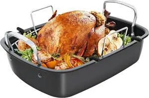 Roasting Pan, 17 Inch x 13 Inch Roaster with Removable Rack, Nonstick Roaster Pan for Roasting Turkey, Meat & Vegetables (Silver)