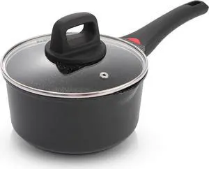 7 Inch Non Stick Sauce Pan with Glass Lid & Pour Spout - Lightweight 1.8 Quart Ceramic Coated Saucepan - Multipurpose Induction Compatible PFOA Free Small Cooking Pot with Stay Cool Handle (Black)