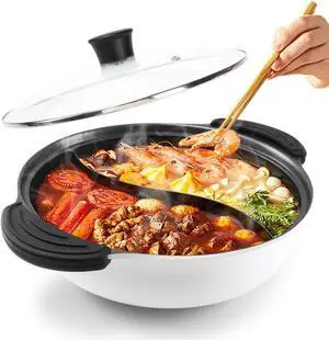 Hot Pot with Divider for Induction Cooker Dual Sided Soup Cookware Two-flavor Chinese Shabu Shabu Pot for Home Party Family Gathering, 4.5 Quart (White)