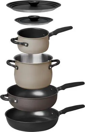 Meyer 6pc Stackable Set with Universal Lids | Hard Anodized Non Stick and Stainless Steel Pots and Pans | Induction Compatible | Dishwasher Safe | Oven Safe | Black & Gray | Accent Series Cookware