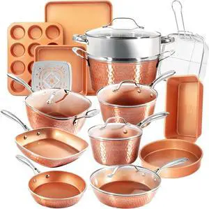 Gotham Steel Hammered Copper Collection  20 Piece Premium Pots and Pans Set Nonstick Ceramic Cookware + Bakeware Set for Kitchen, Induction/Dishwasher/Oven Safe, Healthy and Non Toxic