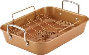 Ayesha Curry Nonstick Roaster / Roasting Pan with Rack - 11 Inch x 15 Inch, Brown