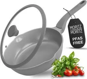 Moritz & Moritz 11-inch Frying Pan with Lid Gray - Non-stick Coated, Soft-touch Handle - Ideal for Frying, Braising, and Steaming - Non-Toxic - PFAs Free - Suitable for All Types of Stoves